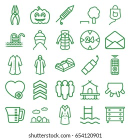 Linear icons set. set of 25 linear outline icons such as udder, baby cap, nightstand, overcoat, nippers, greenohuse, add favorite, envelope, drop counter, pumpkin haloween
