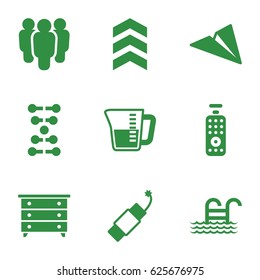 Linear icons set. set of 9 linear filled icons such as nightstand, firework, decanted, pool ladder, remote control, arrow, dna, paper plane