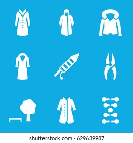 Linear icons set. set of 9 linear filled icons such as overcoat, nippers, fireworks, dna