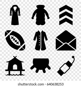 Linear icons set. set of 9 linear filled icons such as udder, overcoat, envelope, firework, american football, tent