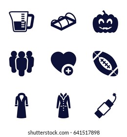 Linear icons set. set of 9 linear filled icons such as overcoat, greenohuse, add favorite, pumpkin haloween, firework, decanted, american football