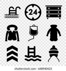 Linear icons set. set of 9 linear filled icons such as baby cap, nightstand, overcoat, drop counter, pool ladder, arrow, 24 hour