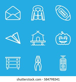 linear icons set. Set of 9 linear outline icons such as nightstand, overcoat, nippers, envelope, pumpkin haloween, tent, remote control, american football
