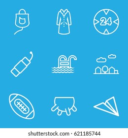 Linear icons set. set of 9 linear outline icons such as udder, overcoat, drop counter, firework, city landscape, pool ladder, 24 hour, american football