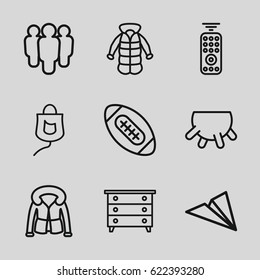 Linear icons set. set of 9 linear outline icons such as udder, nightstand, overcoat, drop counter, remote control, american football, paper plane