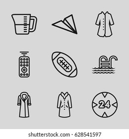 Linear icons set. set of 9 linear outline icons such as overcoat, decanted, pool ladder, remote control, 24 hour, american football