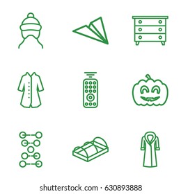 Linear icons set. set of 9 linear outline icons such as baby cap, nightstand, overcoat, greenohuse, pumpkin haloween, remote control, dna