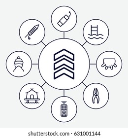 Linear icons set. set of 9 linear outline icons such as udder, baby cap, nippers, fireworks, firework, tent, remote control, arrow