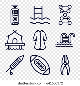 Linear icons set. set of 9 linear outline icons such as overcoat, nippers, fireworks, pool ladder, tent, remote control, american football, dna
