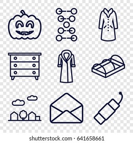 Linear icons set. set of 9 linear outline icons such as nightstand, overcoat, greenohuse, envelope, pumpkin haloween, firework, city landscape