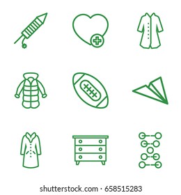 Linear icons set. set of 9 linear outline icons such as nightstand, overcoat, add favorite, fireworks, american football, dna