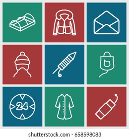 Linear icons set. set of 9 linear outline icons such as baby cap, overcoat, greenohuse, envelope, drop counter, fireworks, firework