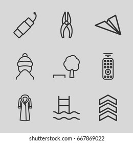 Linear icons set. set of 9 linear outline icons such as baby cap, overcoat, nippers, firework, remote control, arrow, paper plane, tree and bench