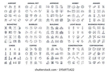 Linear icons set of Airport, animal pet, approve, hobby, etc symbol template for graphic and web design collection logo vector illustration