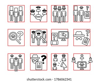 linear icons set Anonymous poll.Internet poll. Interview. Opinion. Customer review. Contour symbols. 