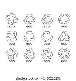 linear icons set. Arrows signs. Recycle symbols. Alternative energy. Environmental protection emblems. Zero waste products. Thin line contour symbols. Isolated vector illustrations. Editable stroke