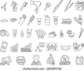 Linear icons set. Icons for a beauty salon, hairdresser. Beauty industry tools and cosmetics. Make-up, hair care, manicure. Vector icons for website, application, social networks.