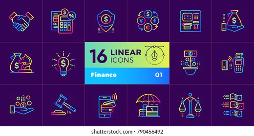 Lineare Icons Set of Finance, Banking. Eignet sich für Print-, Präsentations- und Design-Vorlagen