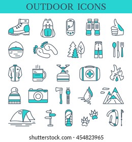 Linear icons set for hiking concept. Vector outdoor symbols with open paths. Summer tourism collection.