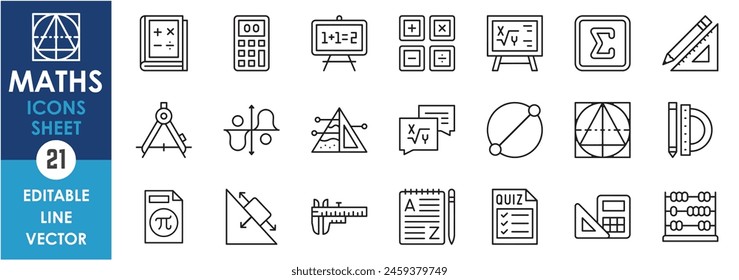 Linear icons set related to mathematics. Outline icons of pencil, scale, calculator, set square, geometry and so on.