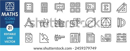 Linear icons set related to mathematics. Outline icons of pencil, scale, calculator, set square, geometry and so on.