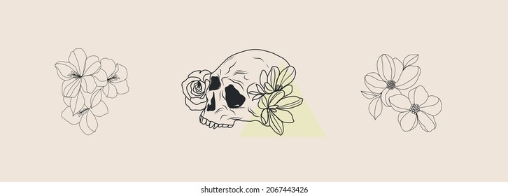 Linear icons set - skull, flowers. Hand drawn simple clip art in minimalistic trendy style. Tattoo idea, logo design, t-shirt printable. 