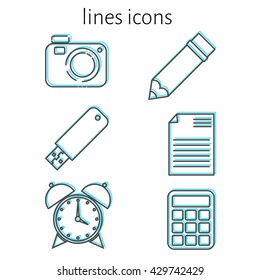 Linear icons. Set of linear trend icons: camera, pencil, calculator, flash card, document, 
alarm clock. 