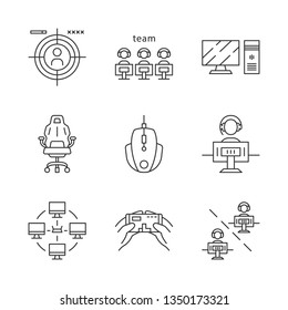 linear icons set. Videogame tournament. Game for player and team. Shooting. Computer devices. Local area network. Thin line contour symbols. Isolated vector outline illustrations. Editable stroke