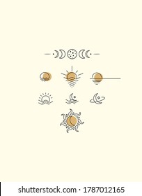 Linear icons with sun and moon, sea and stars. Small logos and icons for womens business. Logo for a beauty salon or cosmetics store.