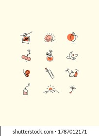 Linear icons with sun and moon, sea and stars, flowers, various cute little things. Small delicate logos and icons for womens business.