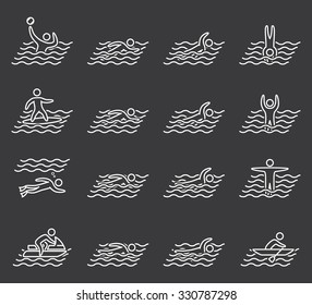 Linear icons swimming. Set of figures swimmers. Surfing and diving symbols