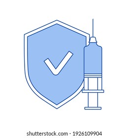 Linear icons of syringe and protective shield isolated on white background. Vaccination concept, injections, protection during the coronavirus pandemic. Medical icons. Vector illustration.