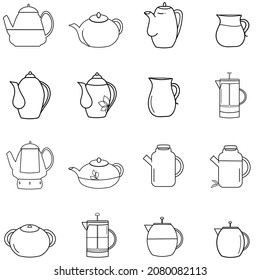 Linear icons teapots, teapots. Line art tea party tableware on a white background isolated emblems logos. Vector set for web, design, website, page, template, layout.