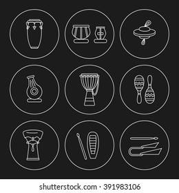 Linear icons of traditional  ethnic percussion instruments. White lines on black background.