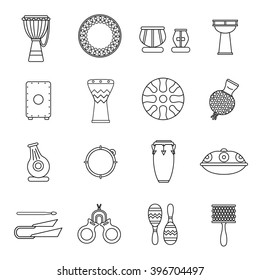 Linear icons of traditional percussion instruments. Collection of African, Indian, Brazilian, Oriental ethnic drums.