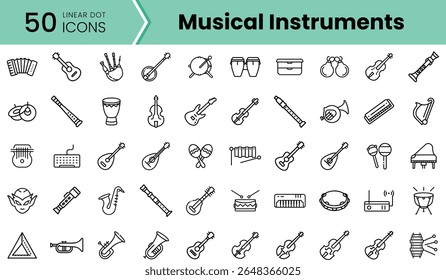 Linear icons of various musical instruments, including guitars, drums, and flutes, showcasing diversity in music. Minimalist design with clear details.