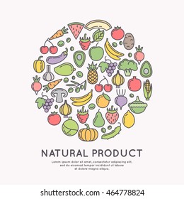 Linear icons of vegetables and fruits. Silhouette images of products and food. Vector illustration.