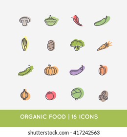 Linear icons of vegetables. Silhouette images of products and food. Vector illustration.