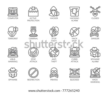 Linear icons of virtual protection, cyberattacks, computer viruses, hacking, stealing and piracy theme . Contour symbols of web protection and warnings. 20 outline vector pictographs isolated on white