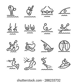 Linear icons, water sports. Included the icons as water skiing, swimming, water polo, cable ski, dance, kayaks and more.