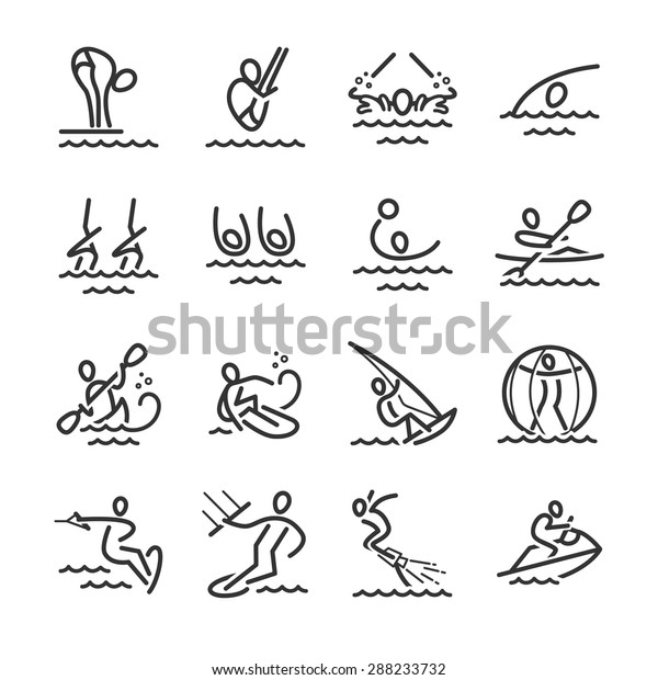 Linear\
icons, water sports. Included the icons as water skiing, swimming,\
water polo, cable ski, dance, kayaks and\
more.