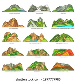 Linear icons of world natural sightseeing or landmarks. Vector landscapes, mountains, rocks and valleys set. Oytsovskiy, Pieniny national parks, Chirisan and William mountains, Troll Wall, Pico Ruiva.