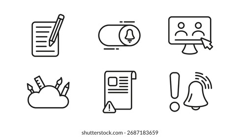 Linear icons of writing, notification, user interface, creative tools, document, and alert