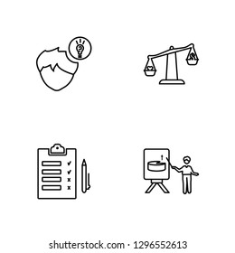 Linear Idea, Clipboard, Balance, Presentation Vector Illustration Of 4 outline Icons. Editable Pack Of Idea, Clipboard, Balance, Presentation