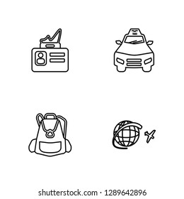 Linear Identification Badge, Big Backpack, Airport Taxi, Trip Vector Illustration Of 4 outline Icons. Editable Pack Of Identification Badge, Big Backpack, Airport Taxi, Trip