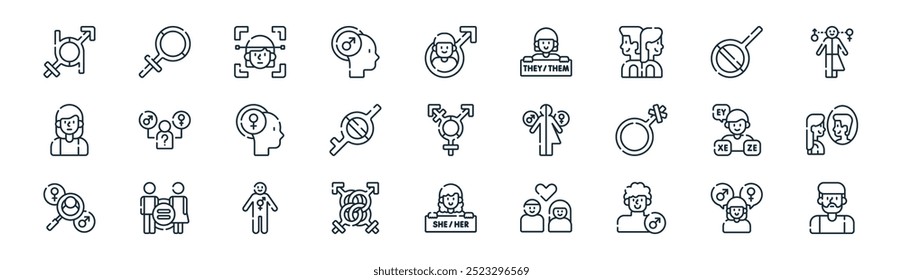 linear identity icon pack. vector thin line gender identity, female, female, agender, demigender, identity, she, male icons suitable for apps and websites ui designs