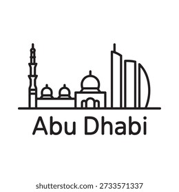 Linear illustration of abu dhabi skyline with iconic buildings and text