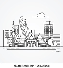 Linear illustration of Abu Dhabi, United Arab Emirates. Flat one line style. Trendy vector illustration, Greatest landmark - Sheikh Zayed Mosque. Editable strock