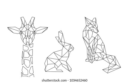 linear illustration - animals. giraffe, hare and fox