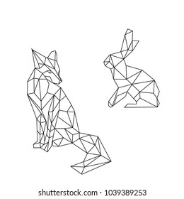 linear illustration - animals. hare and fox